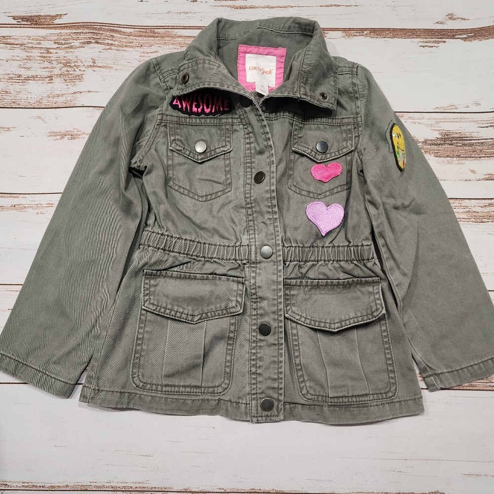 Cat & Jack Khaki Jacket Army Green Heart Smile Girls XS